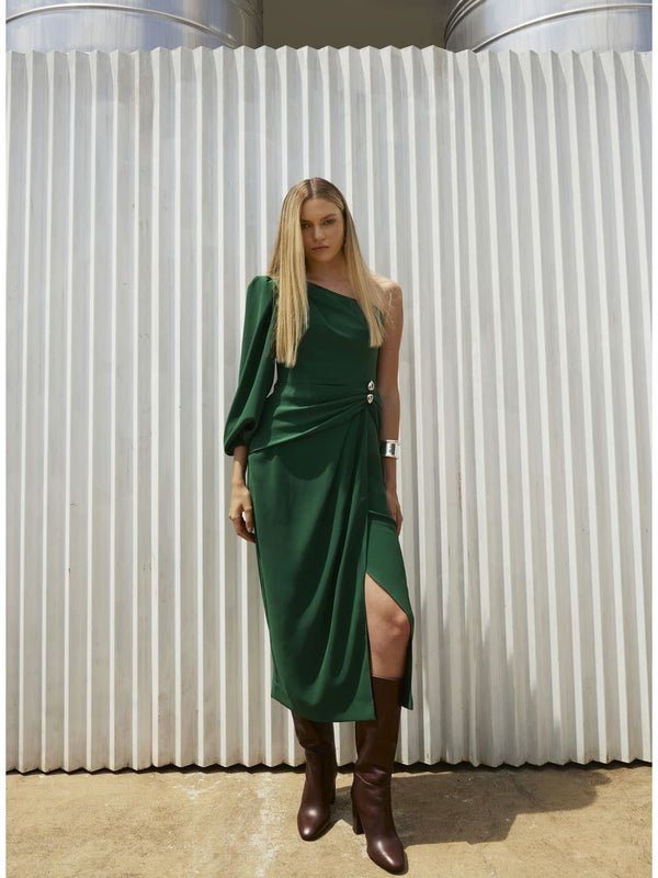 TD GREEN ONE SHOULDER MIDI DRESS