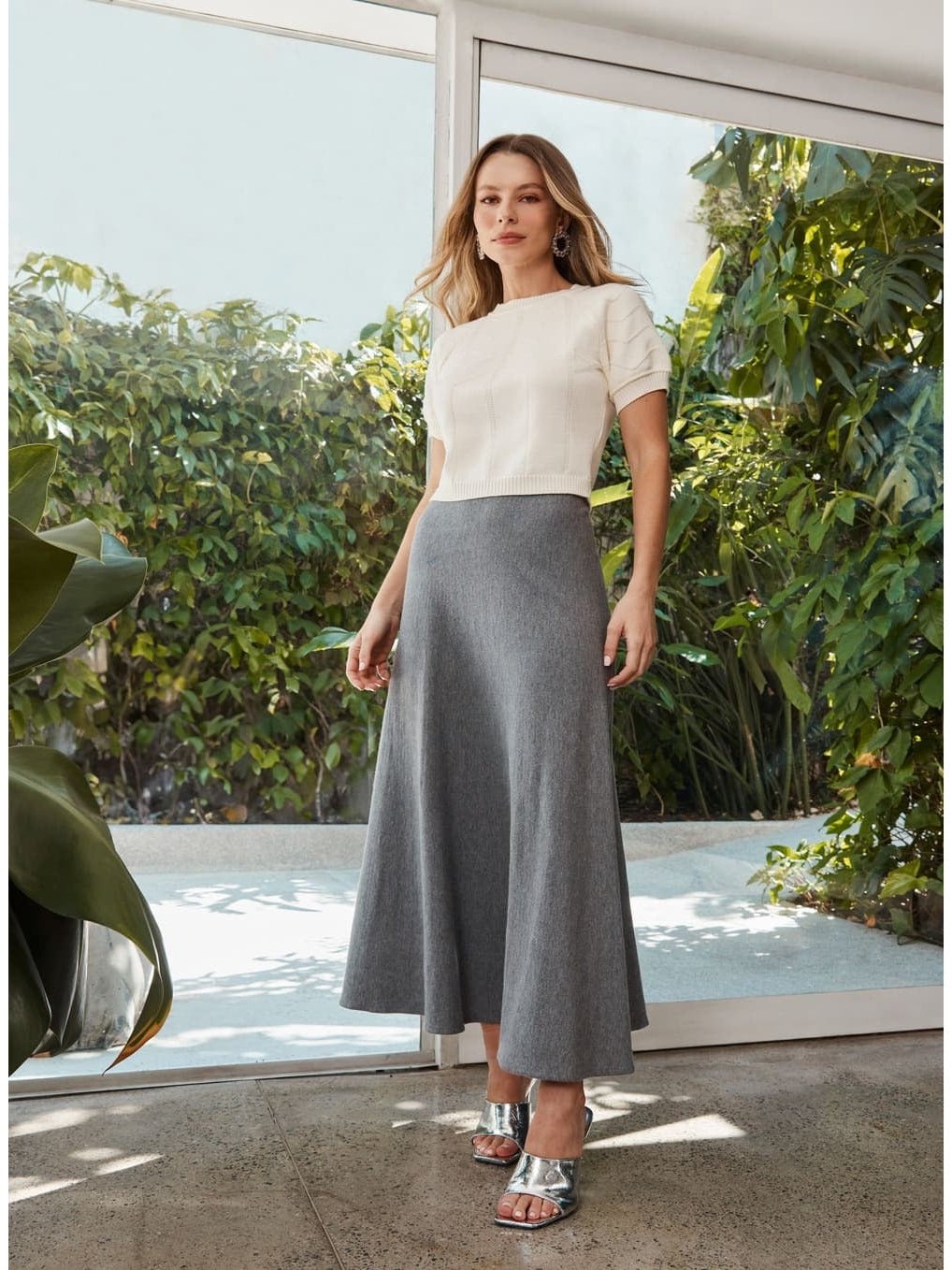 GRAY KNIT MIDI SKIRT