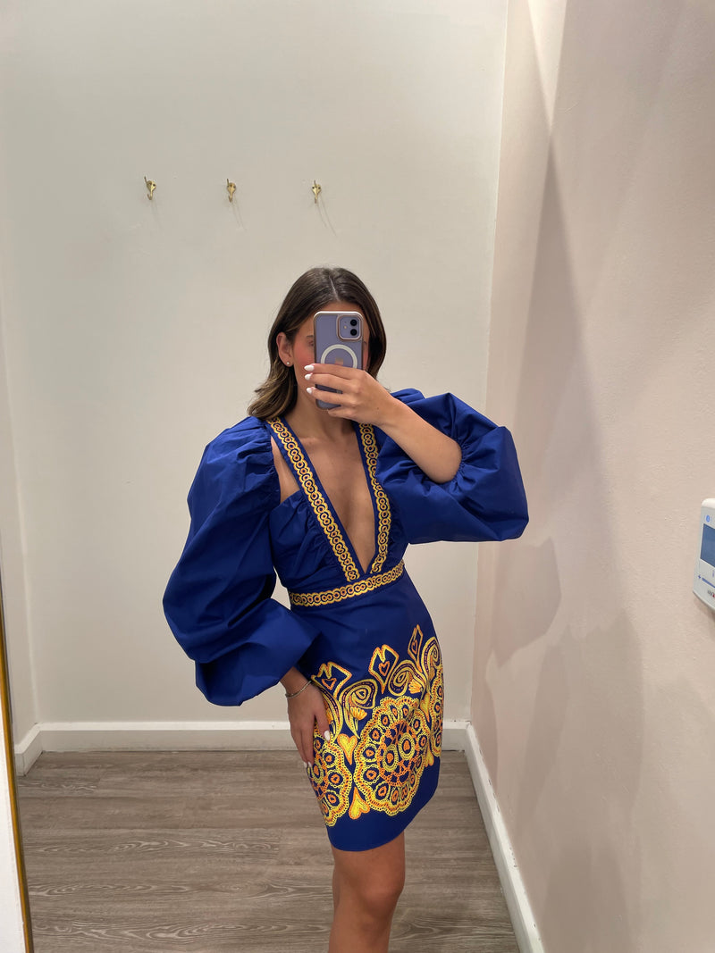 AMAR ROYAL BLUE PUFFY SLEEVES DRESS