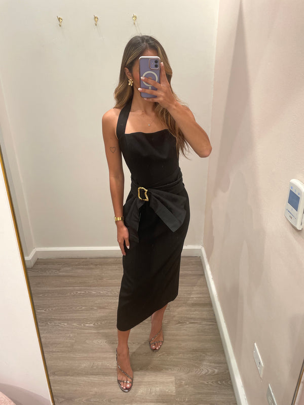 BLACK HALTER MIDI DRESS