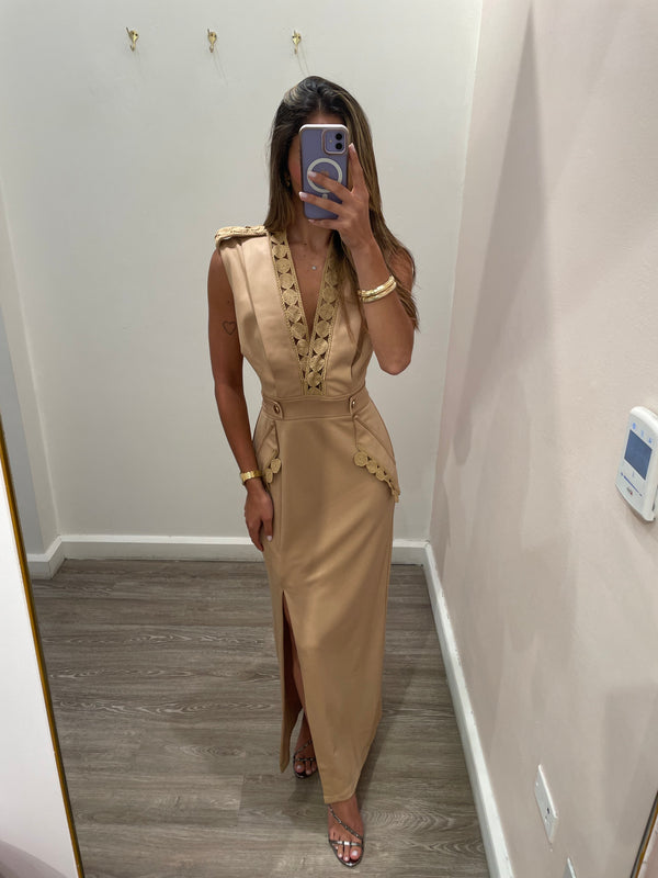 VESTIDO MIDI FENDA BEIGE