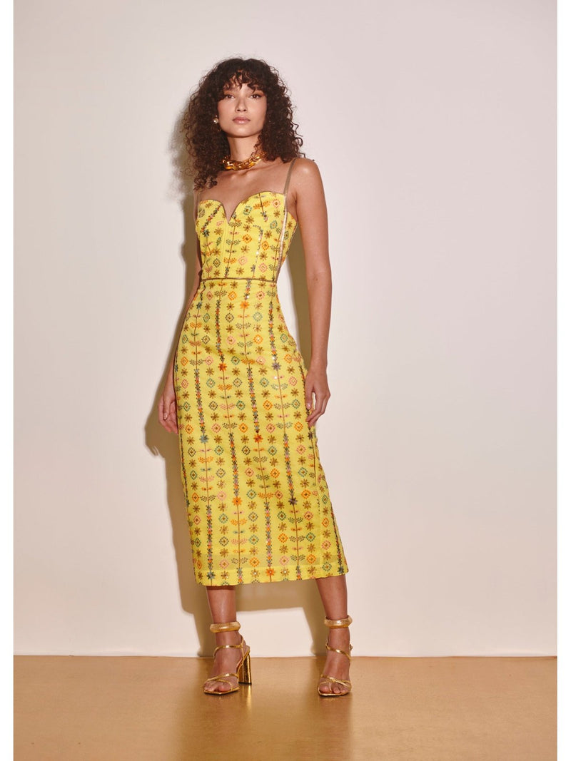 LN Midi Flower Embroidery Yellow Dress