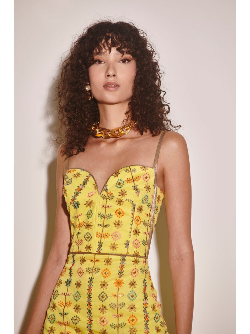 LN Midi Flower Embroidery Yellow Dress