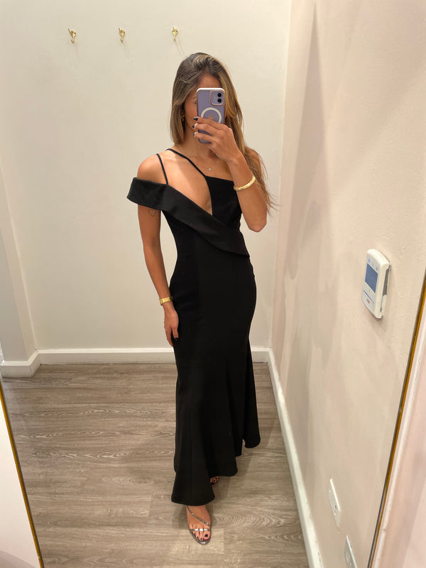 BLACK MIDI ONE SHOULDER DRESS