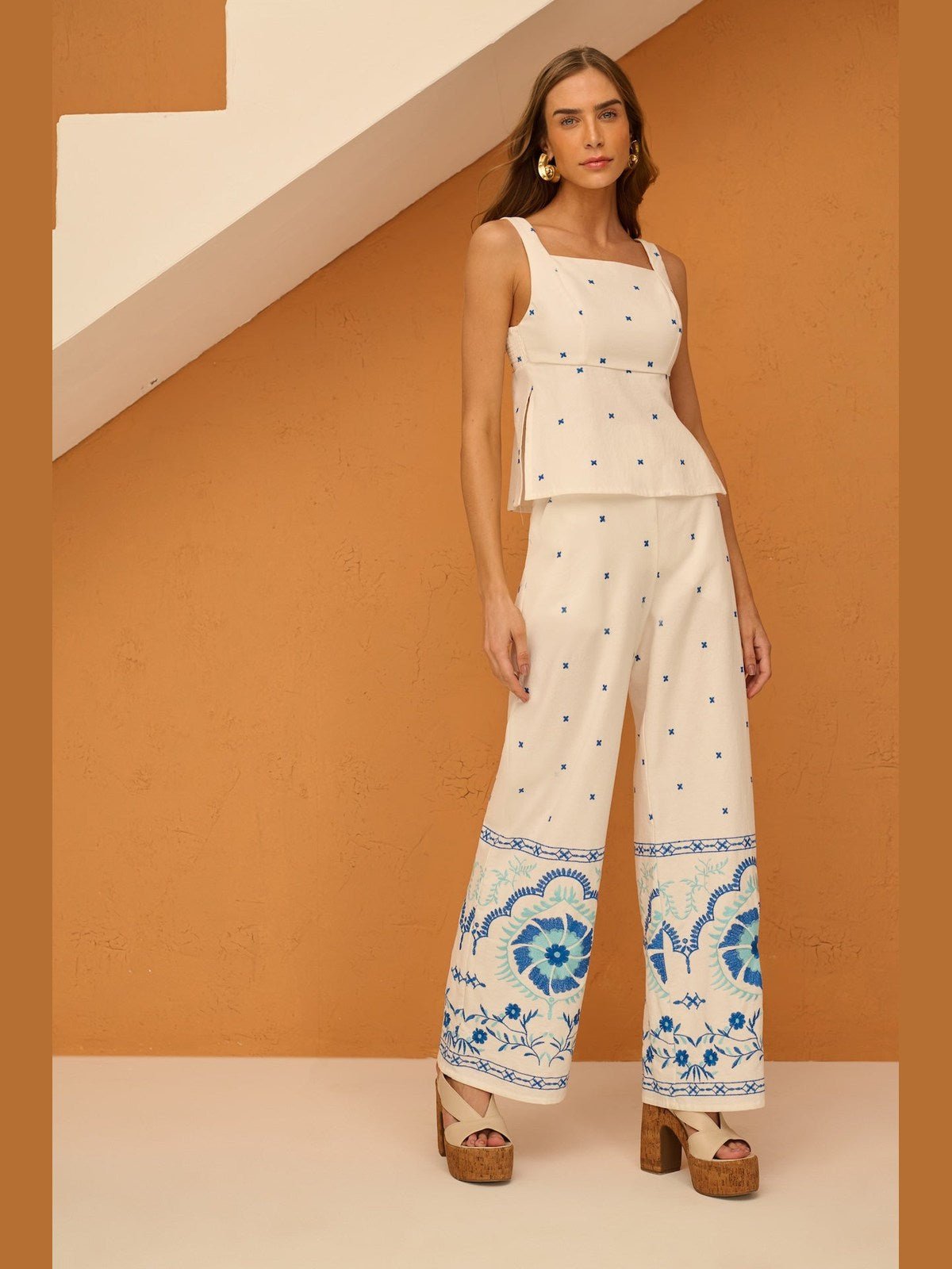 SK TOP AND PANTS BLUE EMBROIDERY SET