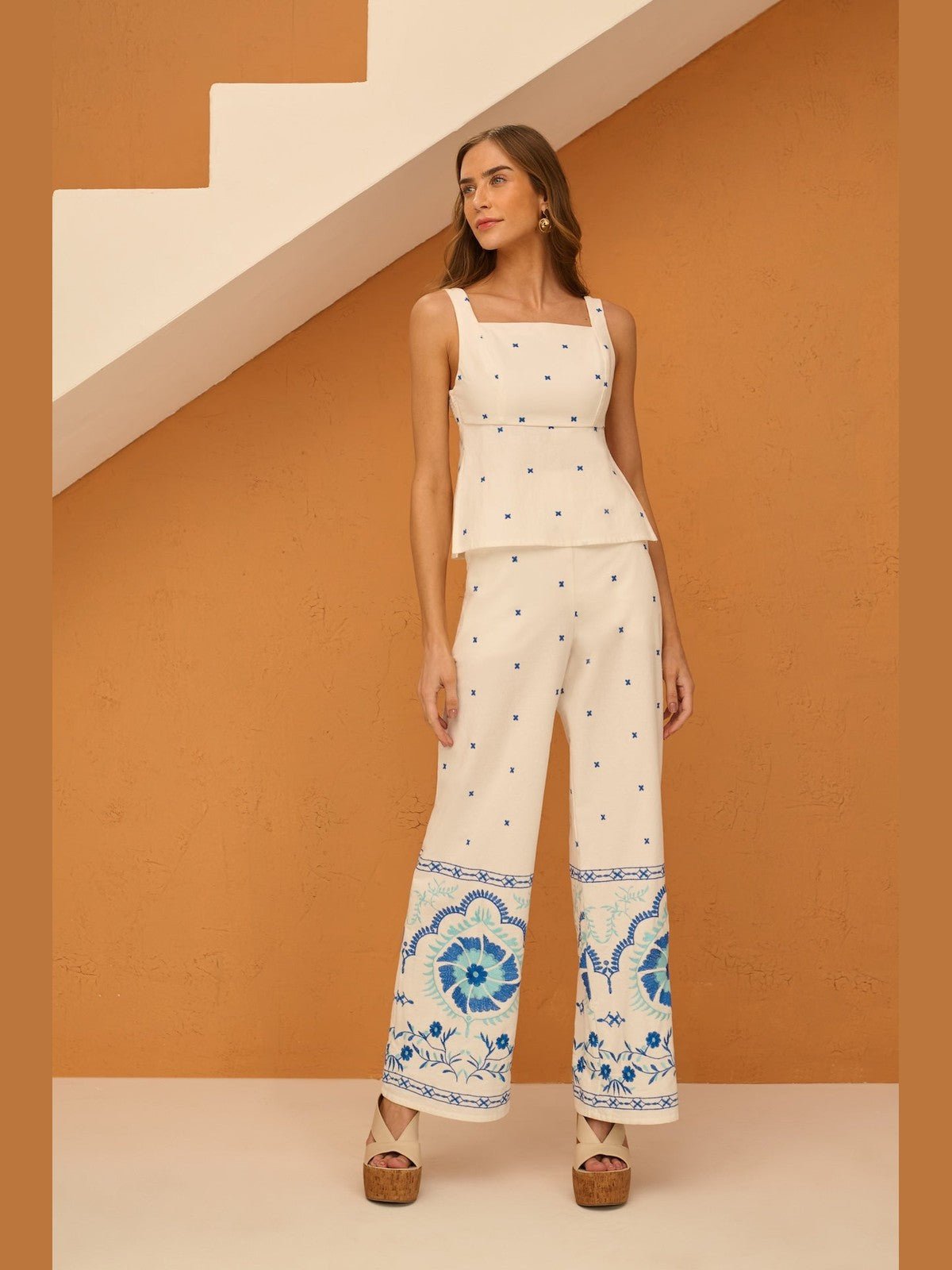 SK TOP AND PANTS BLUE EMBROIDERY SET