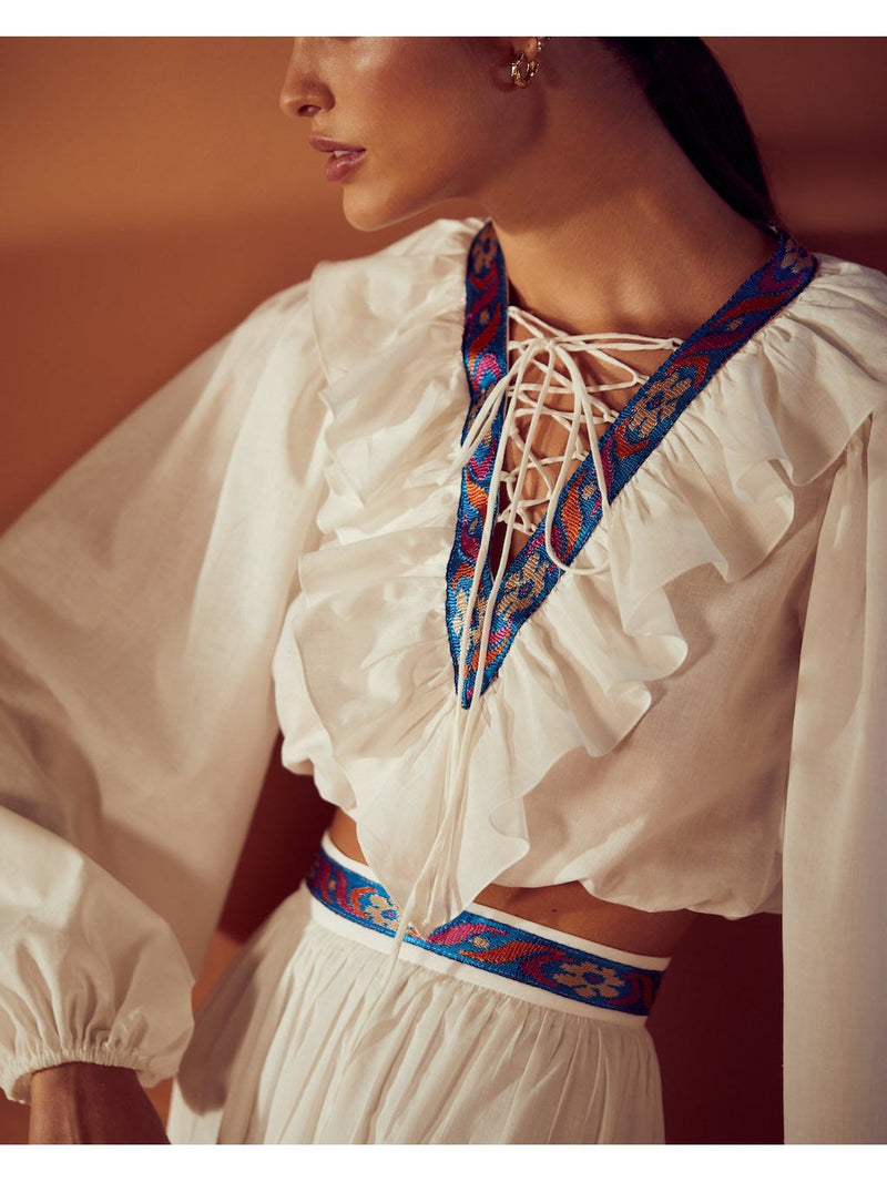 Embroidered Cropped Top and Skirt - White